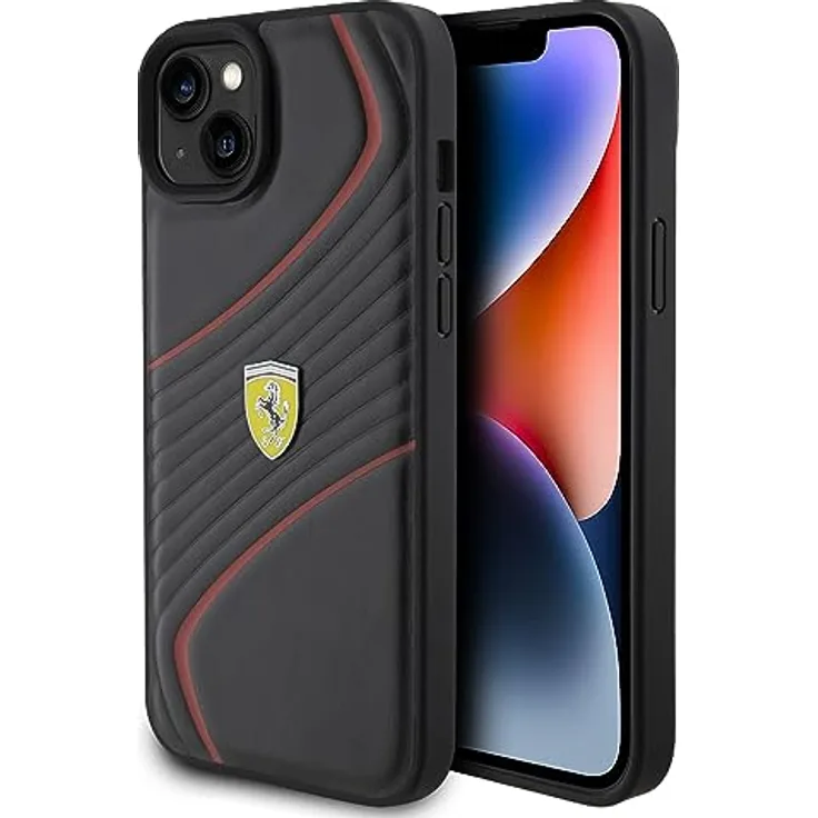 Ferrari FEHCP15MPTWK iPhone 15 Plus 6.7", schwarze Hardcase Hülle aus Rindsleder mit Twist Metal Logo, stoßfest und kratzsicher