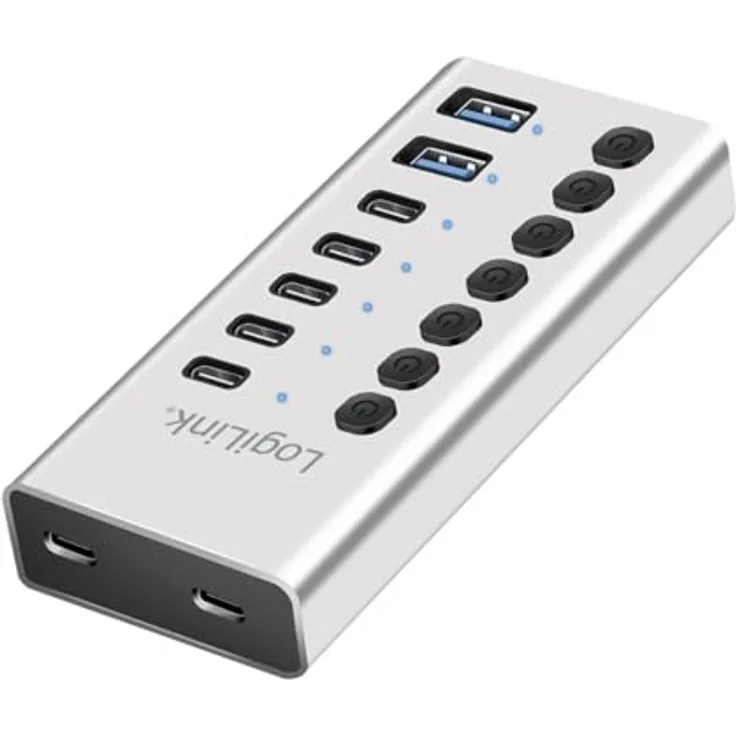 LogiLink UA0447 USB 3.2 Gen1 Hub mit 7-Ports, USB Typ A und C, Aluminium, mit EIN-/Ausschalter und 20 W PD Ladegerät