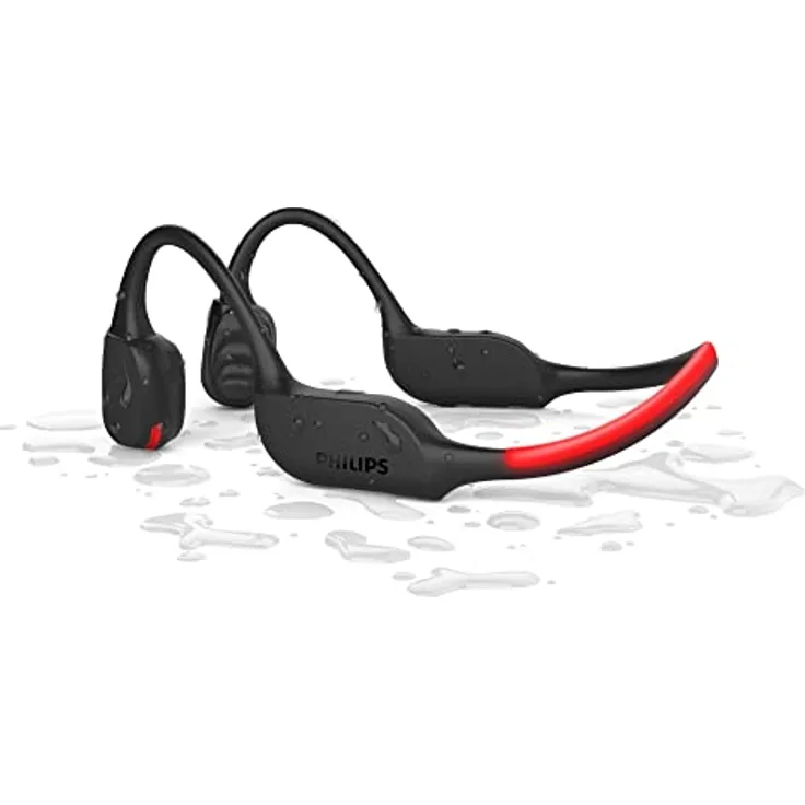 Philips Audio TAA7607BK/00 Kabelloser Open-Ear-Sportkopfhörer, Spritzwasser- und Schweißschutz gemäß IP66 bis zu 9 Stunden Wiedergabezeit, LED-Sicherheitsleuchten, Schwarz, Einheitsgröße