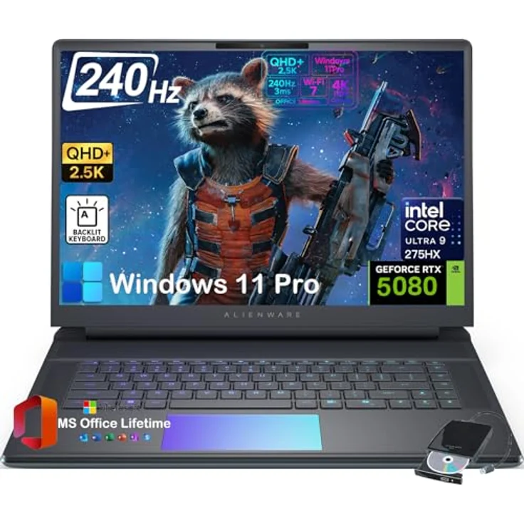 Alienware 16 Area 51 Gaming-Laptop, NVIDIA RTX 5080 16 GB GDDR7, Intel Ultra 9 275HX bis 5,4 GHz, 16 Zoll QHD+ 240 Hz, Windows 11 Pro, Lifetime Office, AlienFX RGB Tastatur, externes DVD-Laufwerk, 64 GB DDR5 – Bild 1