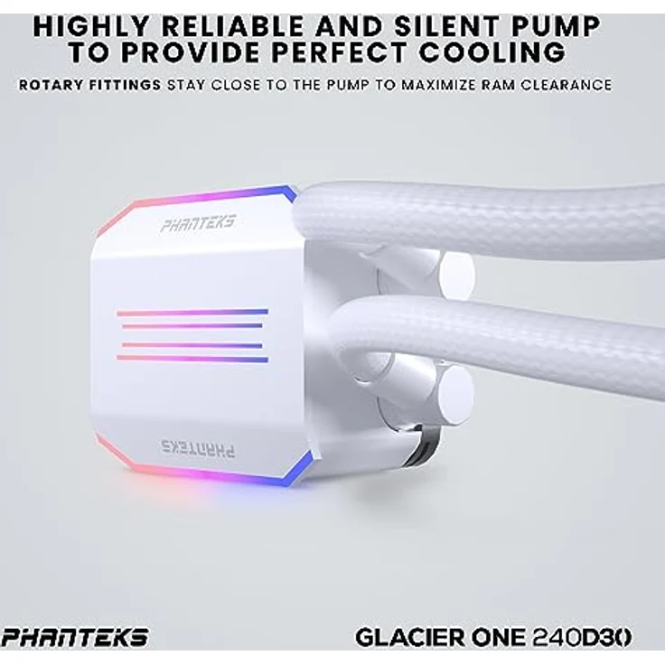 Phanteks Glacier One D30 AIO CPU-Kühler, Phanteks D30 Lüfter, DRGB-Beleuchtung, Wasserkühlung, Daisy-Chaining, Kupfer-Basis, 240mm, Weiß – Bild 4