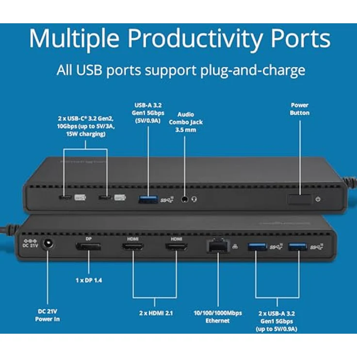 Kensington SD4842P USB-C Triple Video HD (1080p @ 120Hz) Dockingstation, bis zu 100 W Leistungsabgabe, 5 x Plug-and-Charge USB-Anschlüsse, hergestellt aus 73 % recyceltem Material, K32810EU – Bild 5