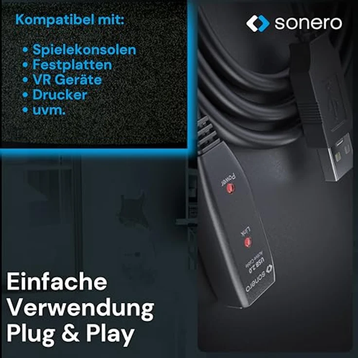 Sonero aktives USB 2.0 Verlängerungskabel mit Signalverstärker, 20m, Datenrate bis zu 480 Mbit/s – Bild 3