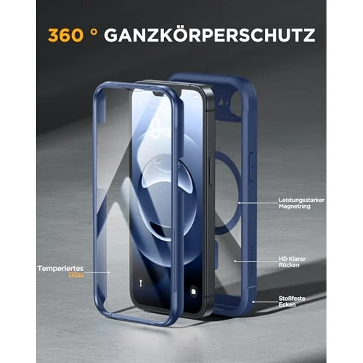 Miracase Hülle für iPhone 17e & 16e, 360° Ganzkörper-Stoßfest mit kratzfestem Panzerglas-Schutz und Voll-Kameraschutz, dunkelblau – Bild 2