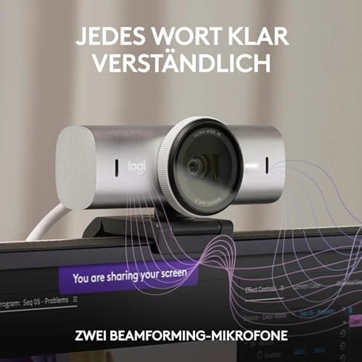 Logitech MX Brio Ultra HD 4K Collaboration and Streaming Webcam, 1080p at 60 FPS, Dual Noise Reducing Mics, Show Mode, USB-C, Webcam Cover, Works with Microsoft Teams, Zoom, Google Meet, Pale Grey – Bild 4