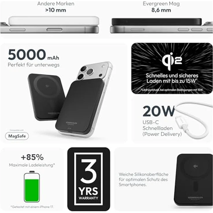 VONMÄHLEN Evergreen Mag, magnetische Powerbank 5.000 mAh, QI2-zertifiziert, schwarz, recycelte Materialien, ultra-schlank – Bild 5