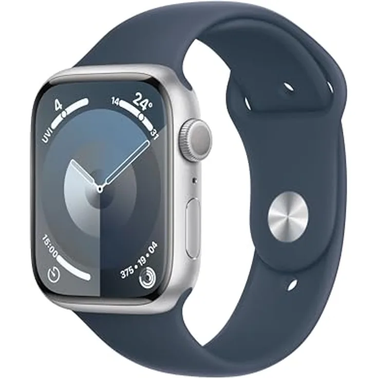 Apple Watch Series 9 GPS, 45 mm Aluminiumgehäuse Silber, Sportarmband Sturmblau – M/L