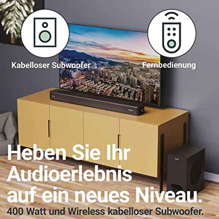 MAJORITY Dolby Atmos 2.1.2 Soundbar mit Subwoofer 400 Watt, HDMI ARC, Bluetooth Soundbar für TV Geräte, Dolby Atmos Soundsystem, Kabelloser Subwoofer 3D Audio Lautsprecher, Optical, AUX Sierra Plus – Bild 4