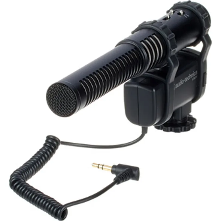 Audio-Technica AT8024, Elektret-Videomikrofon für Video- und DSLR-Kameras, Mono- und MS-Abnahme, 40-15.000 Hz, schaltbarer Trittschallfilter, inkl. Windschutz und Batterien