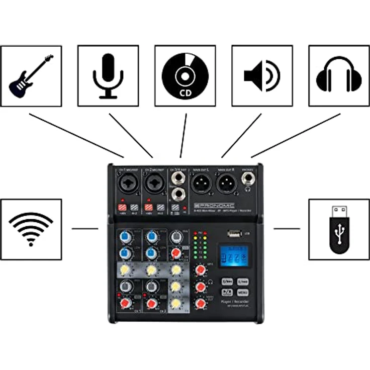Pronomic B-403 Mini-Mixer mit Bluetooth® und USB-Recording - Kompakter 4-Kanal Mixer - 2 Kanäle mit Combobuchsen, Phantomspeisung und Hi-Z Schalter - USB-Port - Main-Ausgänge im XLR-Format - Schwarz – Bild 4