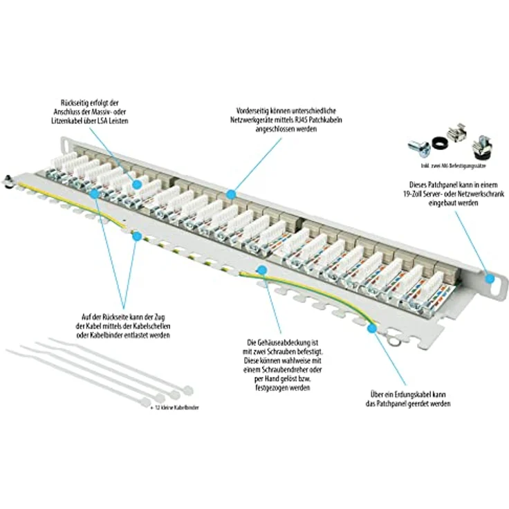 Good Connections® Patchpanel / Patchfeld - 19" - Servermontage / Rackeinbau - Cat. 6A, 500 MHz - 10-GIGABIT-fähig - 24-Port - 0,5 HE - STP geschirmt - werkzeugloses Öffnen - Lichtgrau (RAL7035) – Bild 3
