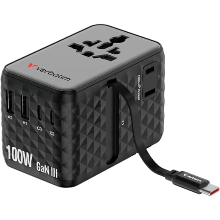 Verbatim Charge ’n’ Travel 100W Reiseadapter mit einziehbarem USB-C-Kabel, 7-in-1-Anschlüssen, kompakt und sicher, schwarz – Bild 1