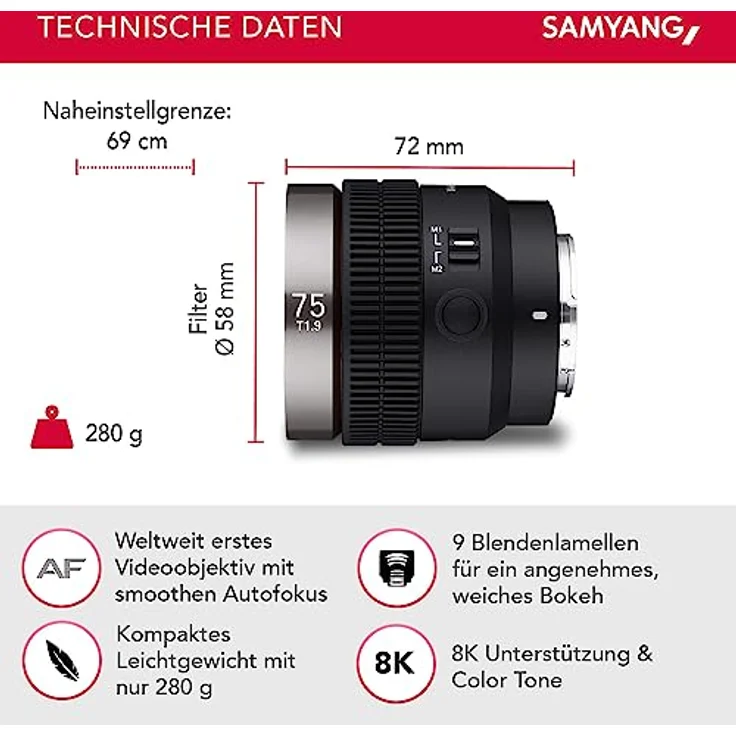 Samyang V-AF 75mm T1,9 FE für Sony E, Videoobjektiv, Auto Fokus Objektiv, Cine Lens 8K Unterstützung, Anamorphic kompatibel, Custom Switch und Custom Button – Bild 2