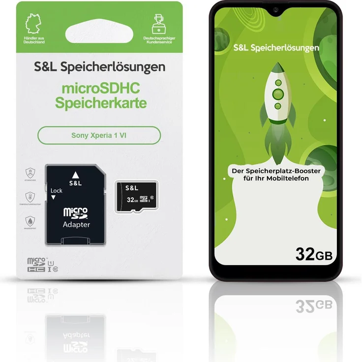 S&L microSD Speicherkarte 32 GB für Sony Xperia 1 VI, Class 10 U1, stoßsicher und wasserdicht
