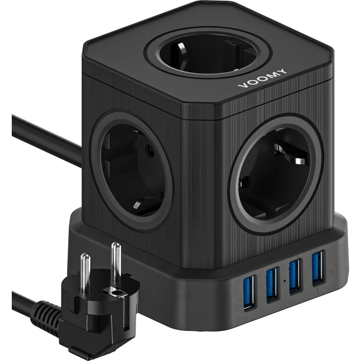 Voomy Power S5 Mehrfachsteckdose mit 4 USB, 5 Steckdosen und Schalter, Schwarz – Bild 1