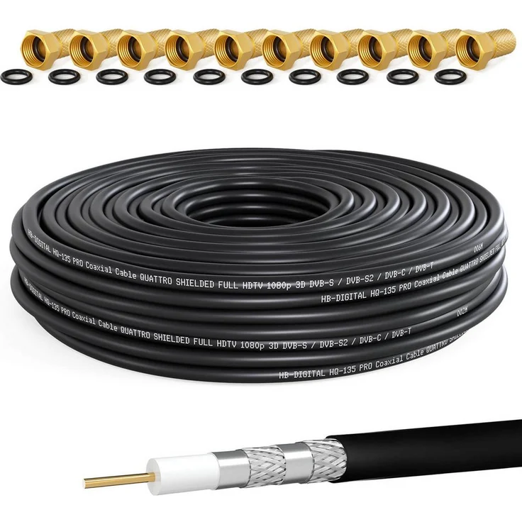 HB-DIGITAL Koaxialkabel 50m HQ 135dB 4-Fach geschirmt mit 10x F Stecker, UV- und Wetterbeständig, für SAT-Anlagen