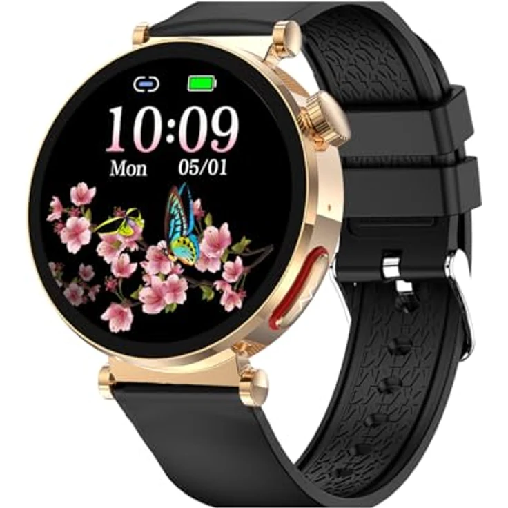 Knauermann NEO 2 (2025), Gold Rund Gesundheitsuhr Smartwatch mit EKG, HRV, Blutdruck, Schlafapnoe, Bluetooth und Silikonband Schwarz – Bild 2