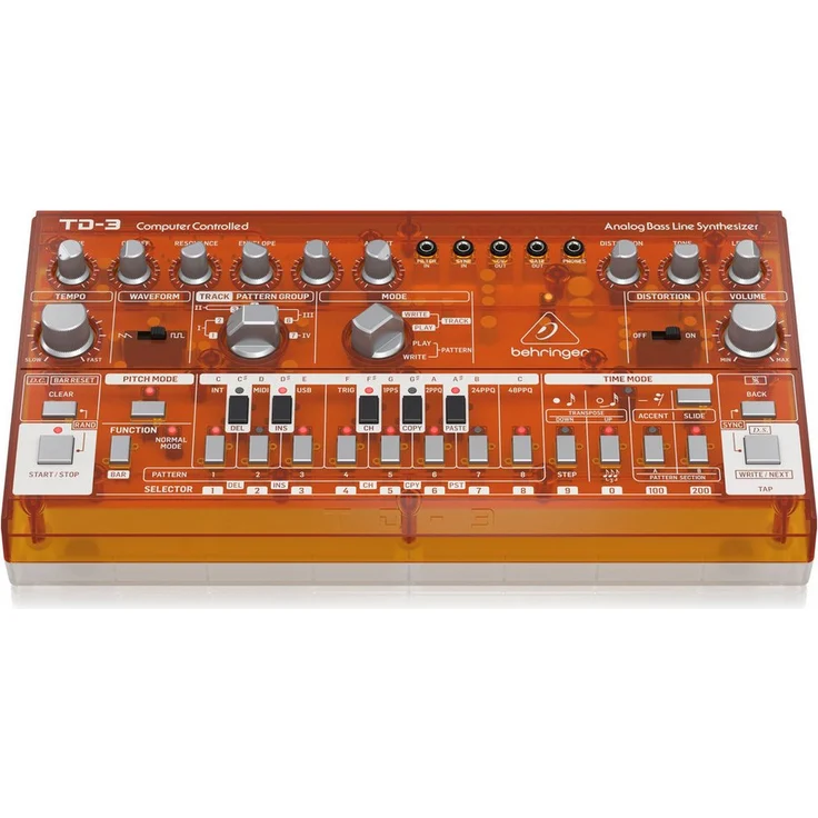 Behringer TD-3 TG, Analog Synthesizer Clone der Roland TB-303 mit 16-Schritt Stepsequencer und Distortion Effekt