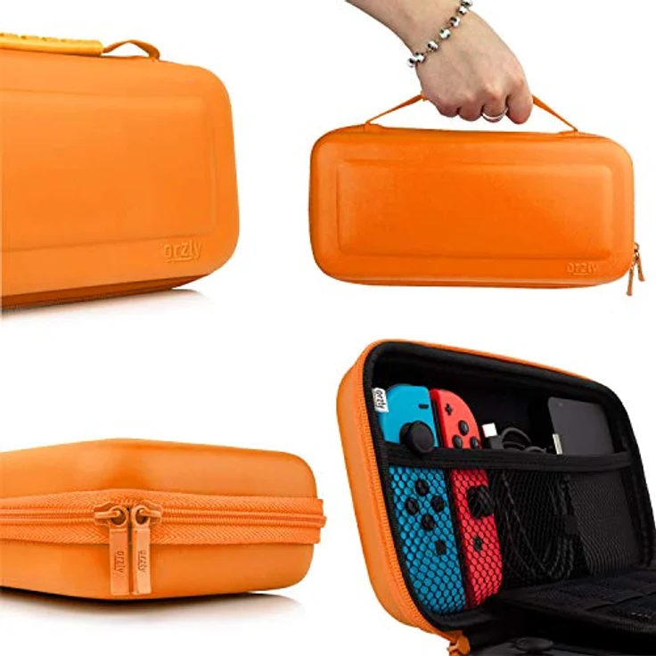 Orzly Nintendo Switch Zubehör Set, Tragetasche, Comfort Grip Case, USB Ladekabel, Kopfhörer, Schutzfolien - ORANGE – Bild 5