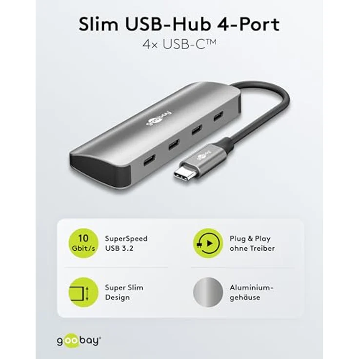 goobay USB-C Hub 10Gbit/s, 4-Port USB 3.2 Gen 2 Datenhub mit 4X USB-C Anschlüssen und Aluminium-Gehäuse für MacBook, Laptop, NVMe SSDs und mehr - 76565 – Bild 2