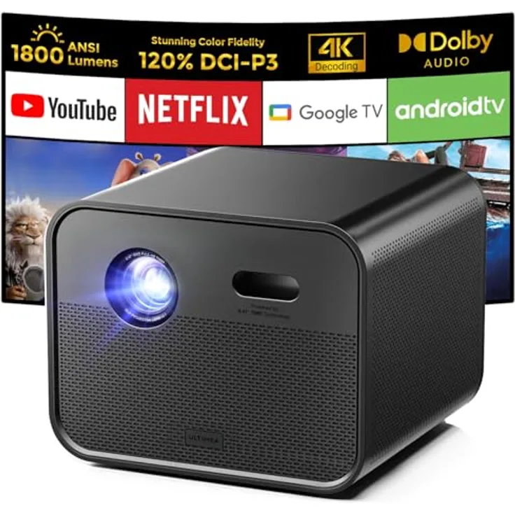 Ultimea Projektor Poseidon E100 DLP, Full HD Beamer mit 1800 lm Helligkeit, 1.2:1 Projektionsverhältnis, Schwarz