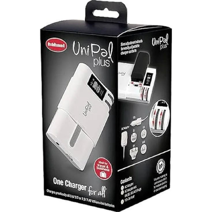 Hähnel UniPal PLUS (1000 381.5), Akkuladegerät mit EU- und UK-Steckern, LCD-Display und vielseitiger Lademöglichkeit