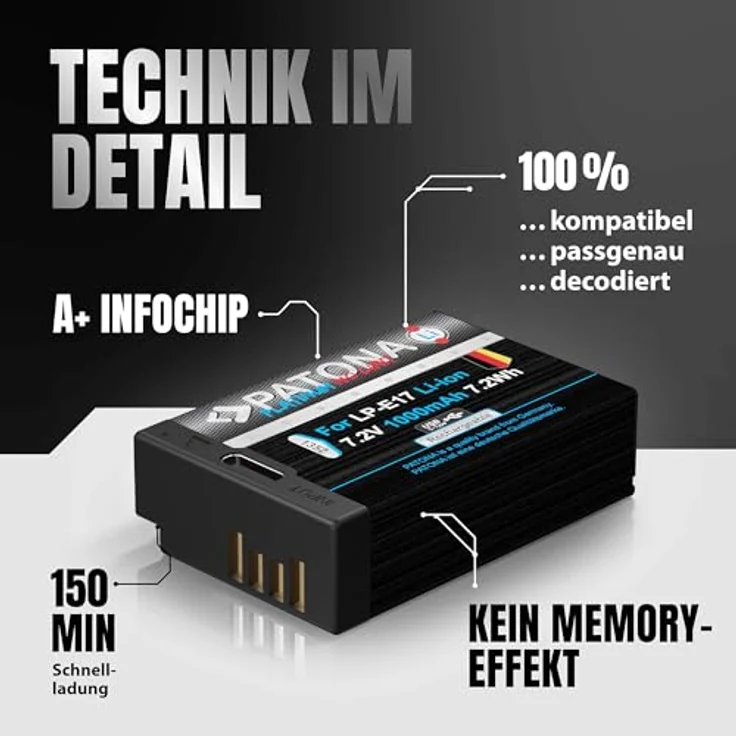 PATONA Platinum LP-E17, USB Akku (1000 mAh) mit direktem USB-Eingang, kompatibel mit Canon EOS RP/R10/R100/77D/200D/250D/750D/760D/800D – Bild 5