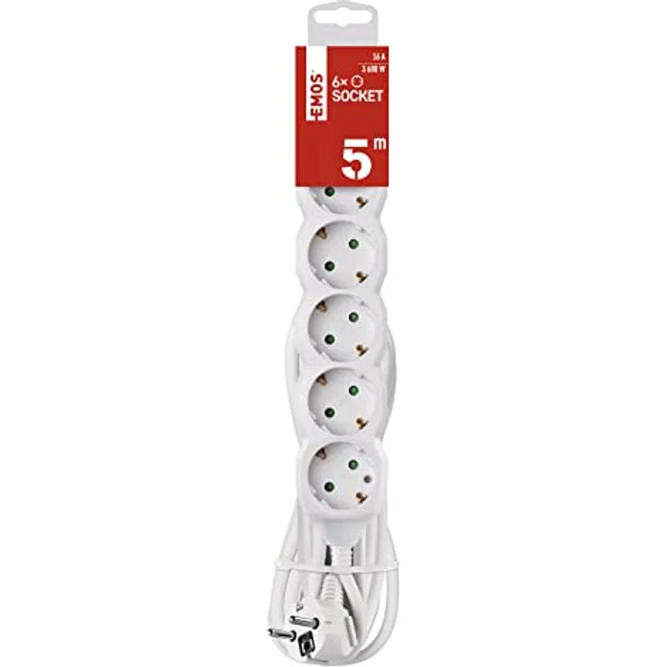 EMOS Steckdosenleiste 6-Fach, 5 m Kabel, weiß, 1,5 mm2, Steckdosen 45° gedreht, 5-Fach Schuko Mehrfachsteckdose mit erhöhtem Berührungsschutz, IP20 für Innenbereich – Bild 1