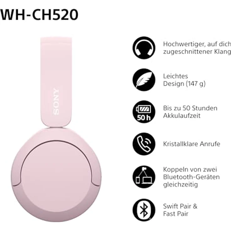 Sony WH-CH520 Kabelloser Bluetooth On-Ear-Kopfhörer, hohe Klangqualität, bis zu 50 Stunden Akkulaufzeit, Rosa – Bild 2