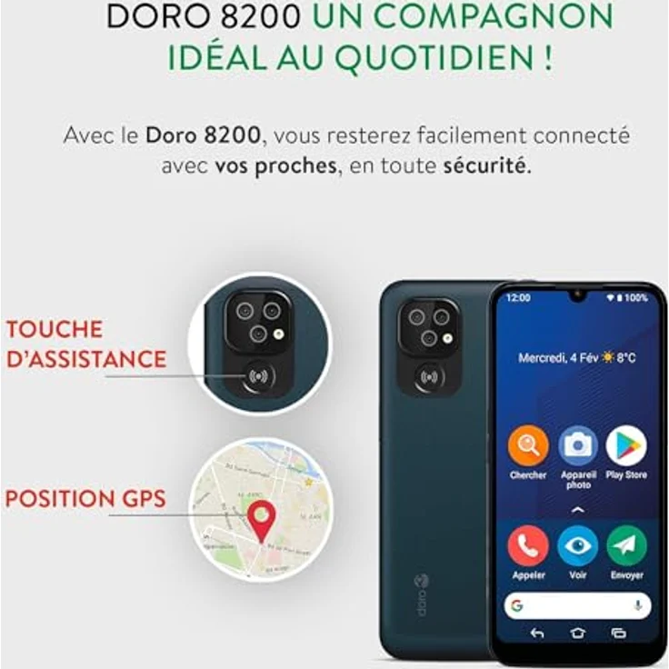 Doro 8200 Seniorensmartphone Inclusive Alarmtaster, Notrufarmband mit GPS, 4G Senioren Smartphone ohne Vertrag, Noruftaste, Triple Kamera, Android 12 Go, 64 GB Speicher, Hörgerätekompatibilität – Bild 5