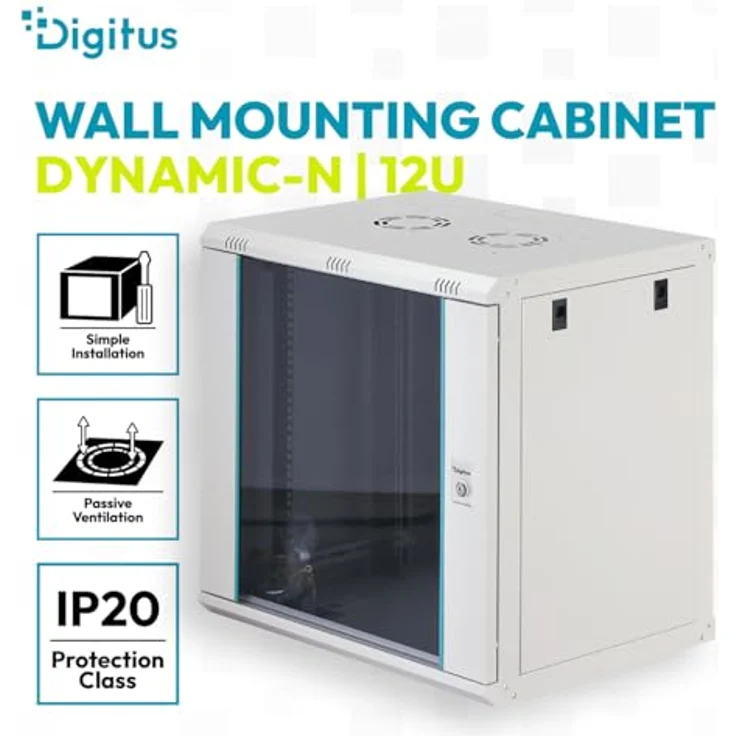 DIGITUS 19-Zoll Netzwerkschrank Dynamic-N, 12HE, unmontiert, Wandmontage, 450 mm tief, 60 kg Traglast, mit abschließbarer Glastür, grau – Bild 2