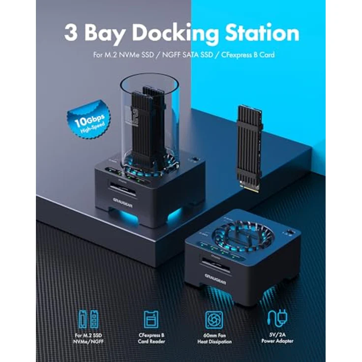 GRAUGEAR M2 Docking-Station für M.2 SSD, USB 3.2 Gen2x2, USB 4.0, leiser Lüfter, CFexpress Typ-B Kartenleser (3 in 1 Docking) – Bild 3