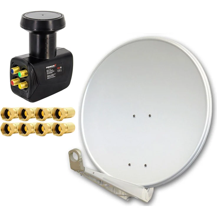 PremiumX DELUXE SAT Anlage für 4 Teilnehmer, 85cm Aluminium SAT-Antenne in Hellgrau mit Quad LNB Black Edition und 8x F-Stecker