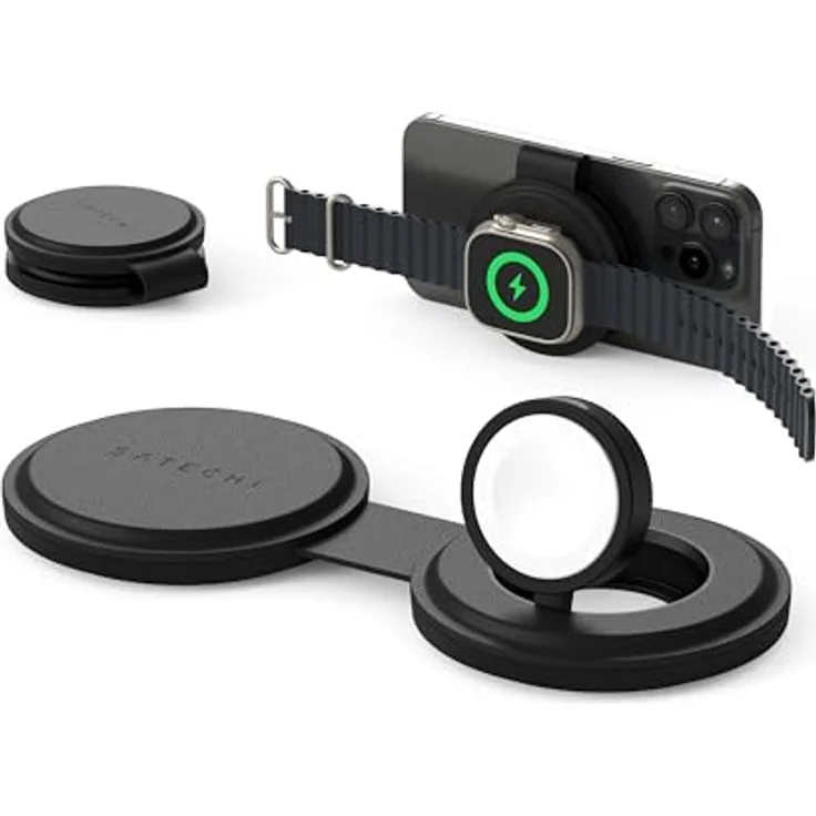 Satechi OntheGo 2-in-1 Wireless Charger, kompaktes Ladegerät mit Qi2 (15 W) für iPhone und Apple Watch, schwarz – Bild 1