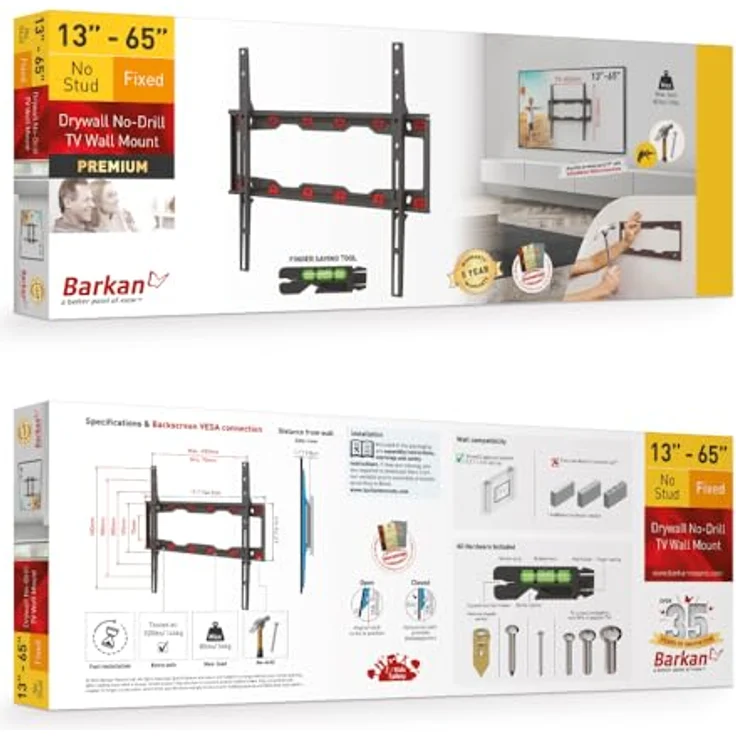 Barkan Mounting Systems ND300, Feste Wandhalterung für 19 bis 65 Zoll Bildschirme, VESA 75x75 bis 400x400 mm, Max. 37 kg, Schwarz – Bild 8
