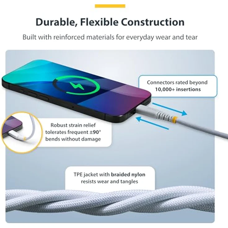 StarTech.com 30 cm USB-C Ladekabel, 60W (3A) PD, geflochtener Nylon-TPE Mantel, robustes USB 2.0 Schnellladekabel, Weiß – Bild 4