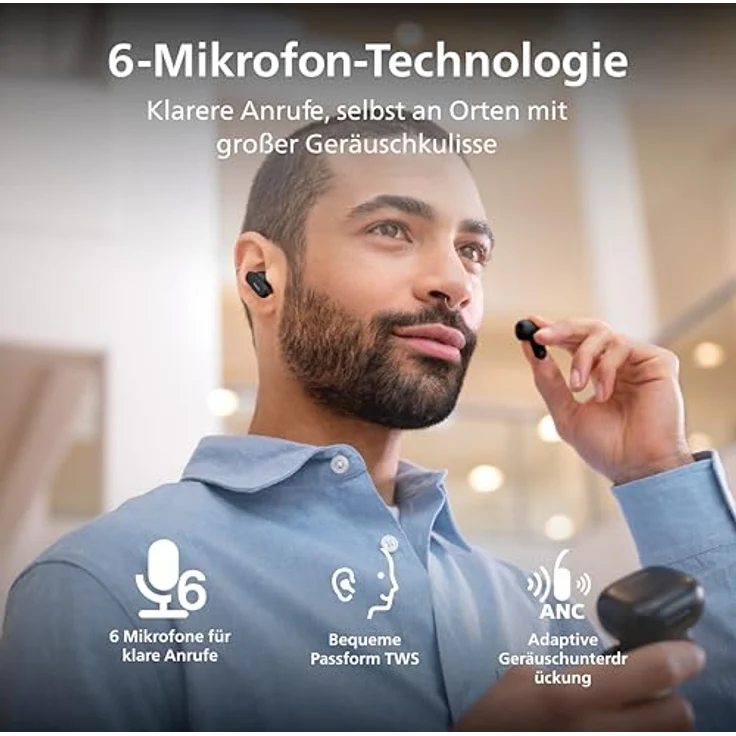 Philips TAT3000BK/00, True Wireless In-Ear-Kopfhörer mit adaptiver Geräuschunterdrückung, Schwarz – Bild 4