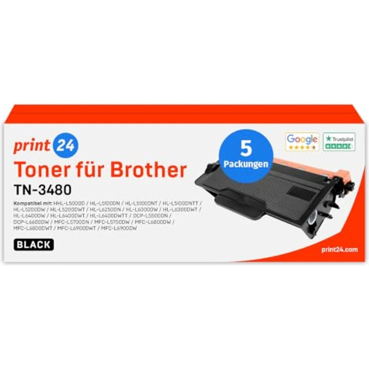 print24 Toner für Brother TN3480, Schwarz, kompatibel mit DCP-L 5500, HL-L 5000, MFC-L 5700, 5 Stück – Bild 1