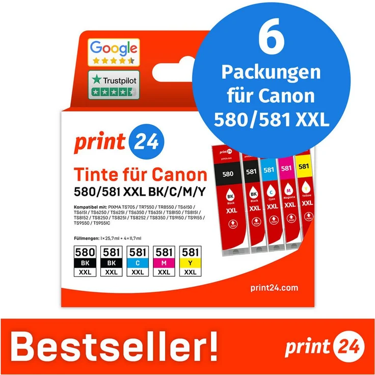 print24 PGI-580/581 XL, Tintenpatronen Multipack (6 Teile) für Canon, schwarz, cyan, magenta, gelb, hohe Seitenleistung