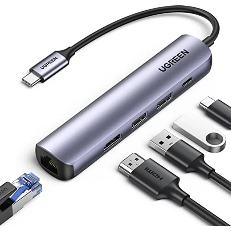UGREEN USB-C® Dockingstation 10919, 5-in-1 Hub mit 4K HDMI, Gigabit Ethernet und 100 W PD, Grau