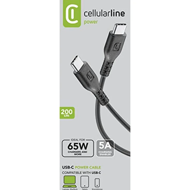 Cellularline 5A Power Data Cable USB-C auf USB-C, 2 m, schwarz, für schnelles Laden und Datensynchronisieren – Bild 3