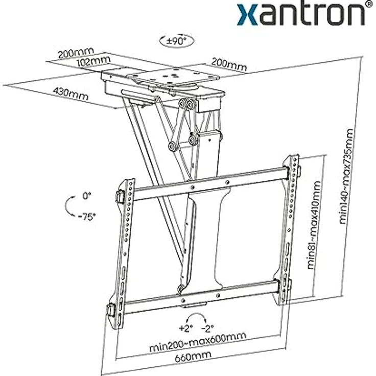 Xantron® DEHA-600E-Roto TV Deckenhalterung Elektrisch Klappbar Neigbar & Drehbar / 32-75 Zoll [Sprachsteuerung] Schwarz – Bild 5