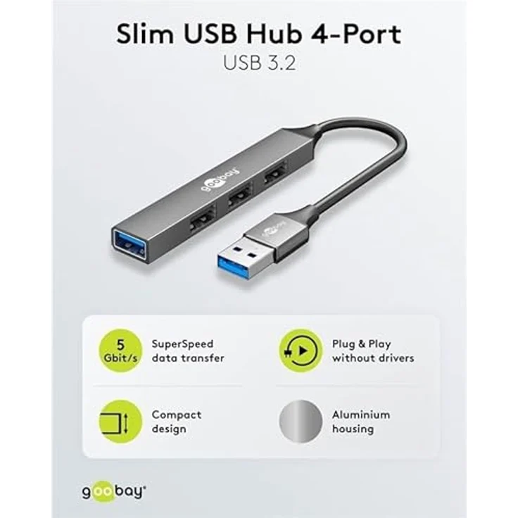 goobay 4-Port USB 3.2 Hub Slim/USB Mehrfachstecker / USB-A zu 4-Fach USB-A Multiport Adapter / Aluminiumgehäuse / 5 Gbit/s / Schwarz – Bild 2