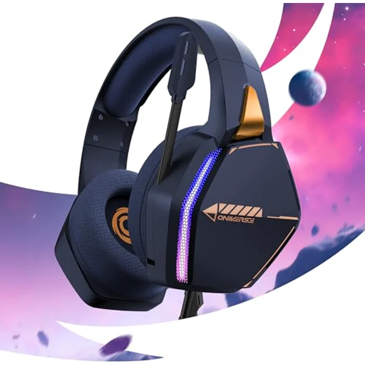 Oniverse Nebula Gaming-Headset PS5 PS4 Switch 2 Xbox PC Mac, 50 mm Lautsprecher, verstellbares Mikrofon, LED, atmungsaktive Stoffpolster, kabelgebunden, Blau – Bild 4