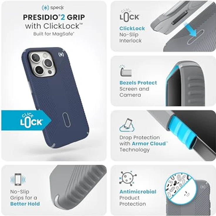 Speck Presidio 2 Grip iPhone 16 Pro Hülle - MagSafe, ClickLock, 4m Fallschutz, Küstenblau/Staubgrau – Bild 2
