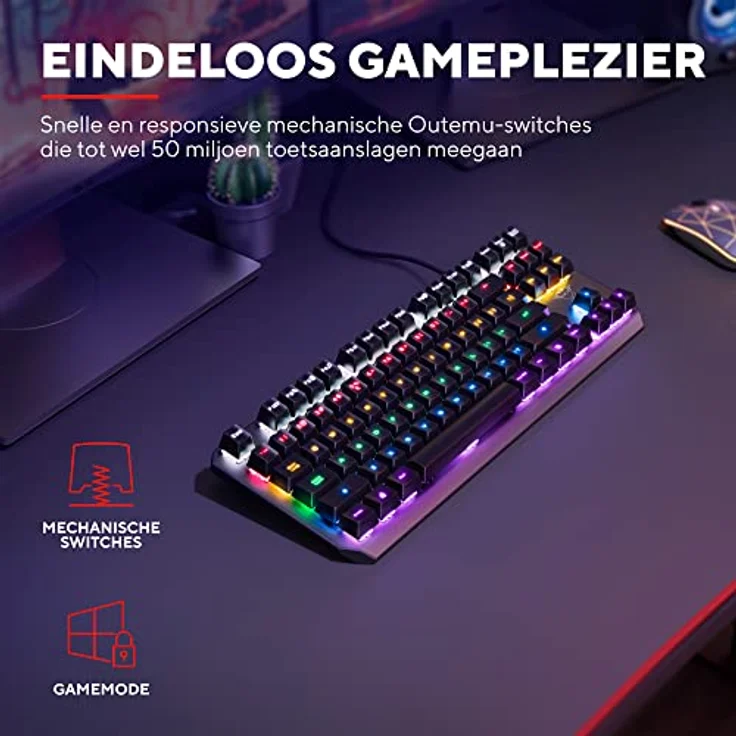 Trust Gaming GXT 834 Callaz TKL Mechanische Tastatur, US/NL QWERTY Layout, Outemu-Schalter, Mehrfarbige LED-Beleuchtung, 12 Media-Tasten, USB Gaming Tastatur 80 Prozent für PC, Laptop, Mac – Bild 2