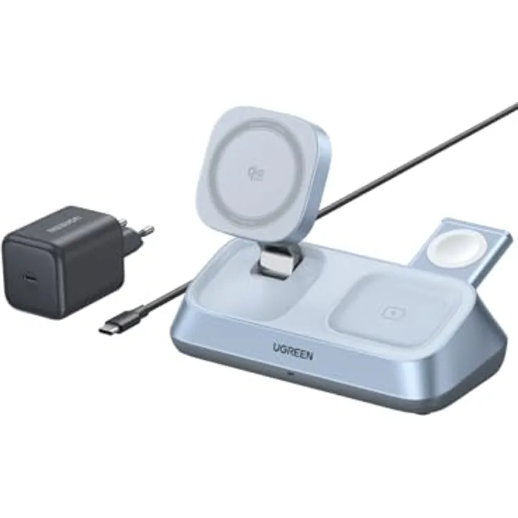 UGREEN 3-in-1 Magnetic Wireless Charger, Qi2 25 W, MagSafe-kompatibel, zusammenklappbar, Blau