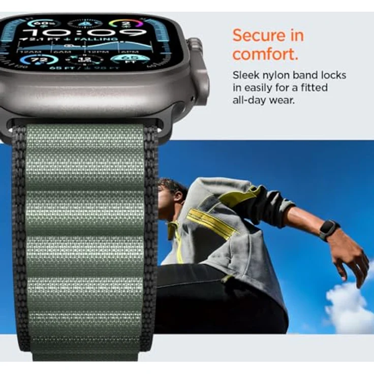 Spigen Basis-Stoffarmband mit Hakenverschluss für Apple Watch Ultra 2/1 49mm, Serie 11/10 46mm, 9/8/7 45mm, SE2/SE/6/5/4 44mm – Komfortables und modernes Design in Schwarz Grün – Bild 5