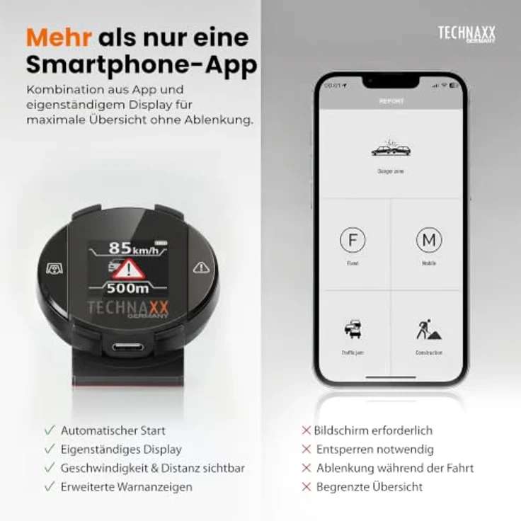 Technaxx TX-388 Verkehrswarner mit Blitzer.de, Echtzeit-Gefahren- und Geschwindigkeitswarnung, Auto-Aktivierung, Display, kompatibel mit Apple CarPlay & Android Auto – Bild 5