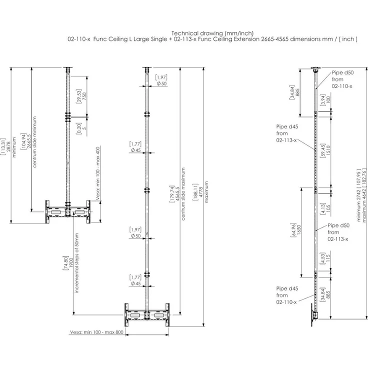 Smart-Media SMS 02-113-4 Höhenverlängerung für Ceiling L Deckenhalterungen, 2665 - 4565 mm, weiß, robust und höhenverstellbar bis 50 kg